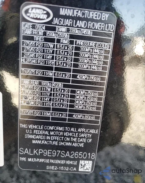 2025 Land Rover Range Rover Se из США, поврежденный, VIN SALKP9E97SA265018